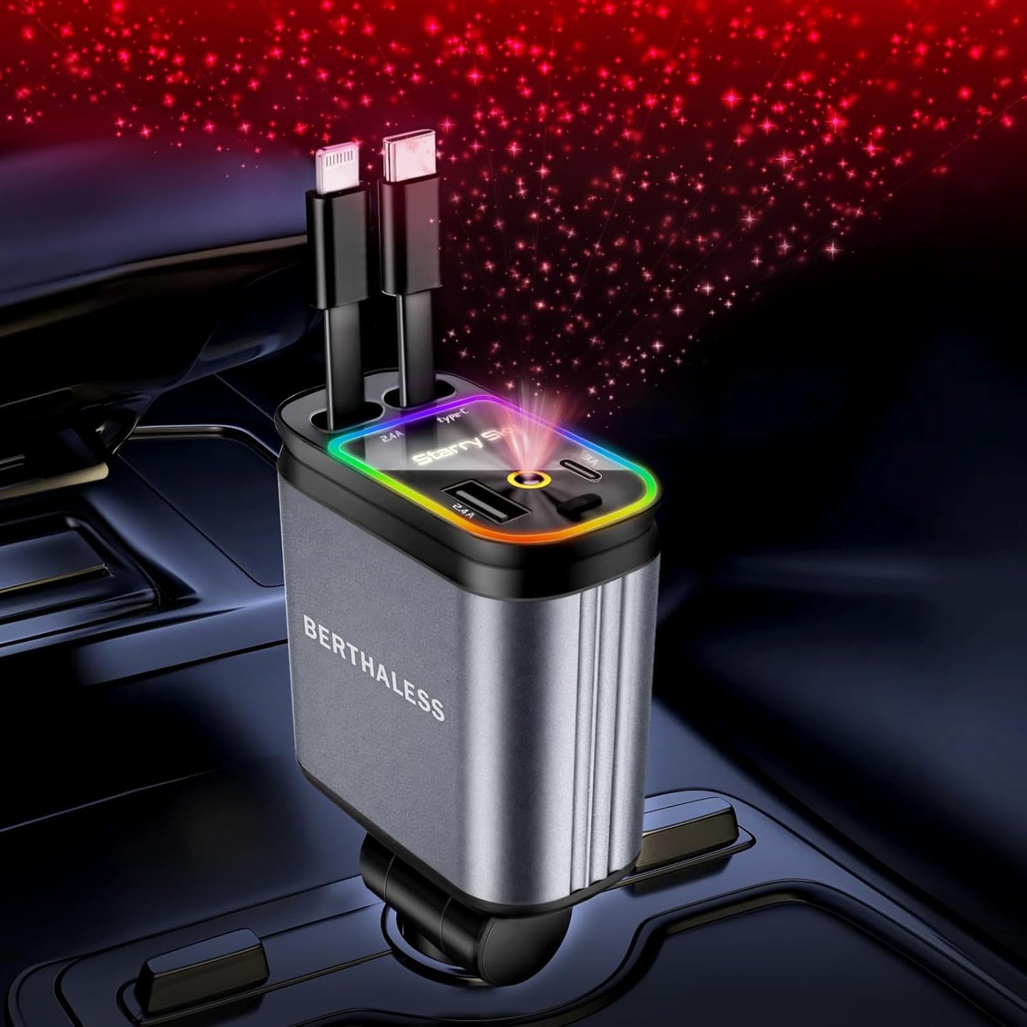 Retractable Car Charger, 4-in-1 Fast Charger with USB-C & USB-A