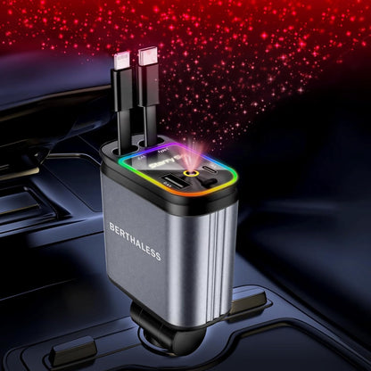 Retractable Car Charger, 4-in-1 Fast Charger with USB-C & USB-A