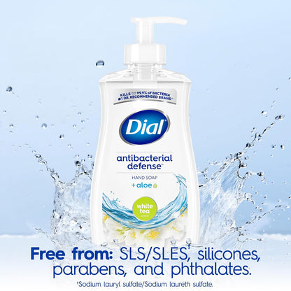 Dial Antibacterial Defense Liquid Hand Soap + Aloe, White Tea Scent, 11 Fl Oz (Pack of 4), Dermatologist-Tested Hand Wash, Gentle Formula