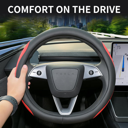 Uxcer Nappa Leather Steering Wheel Cover Compatible with Tesla Model 3/Y 2016-2025 2026 Juniper/Highland, Non-Slip Breathable Tesla Model 3/Y Steering Wheel Protector, White