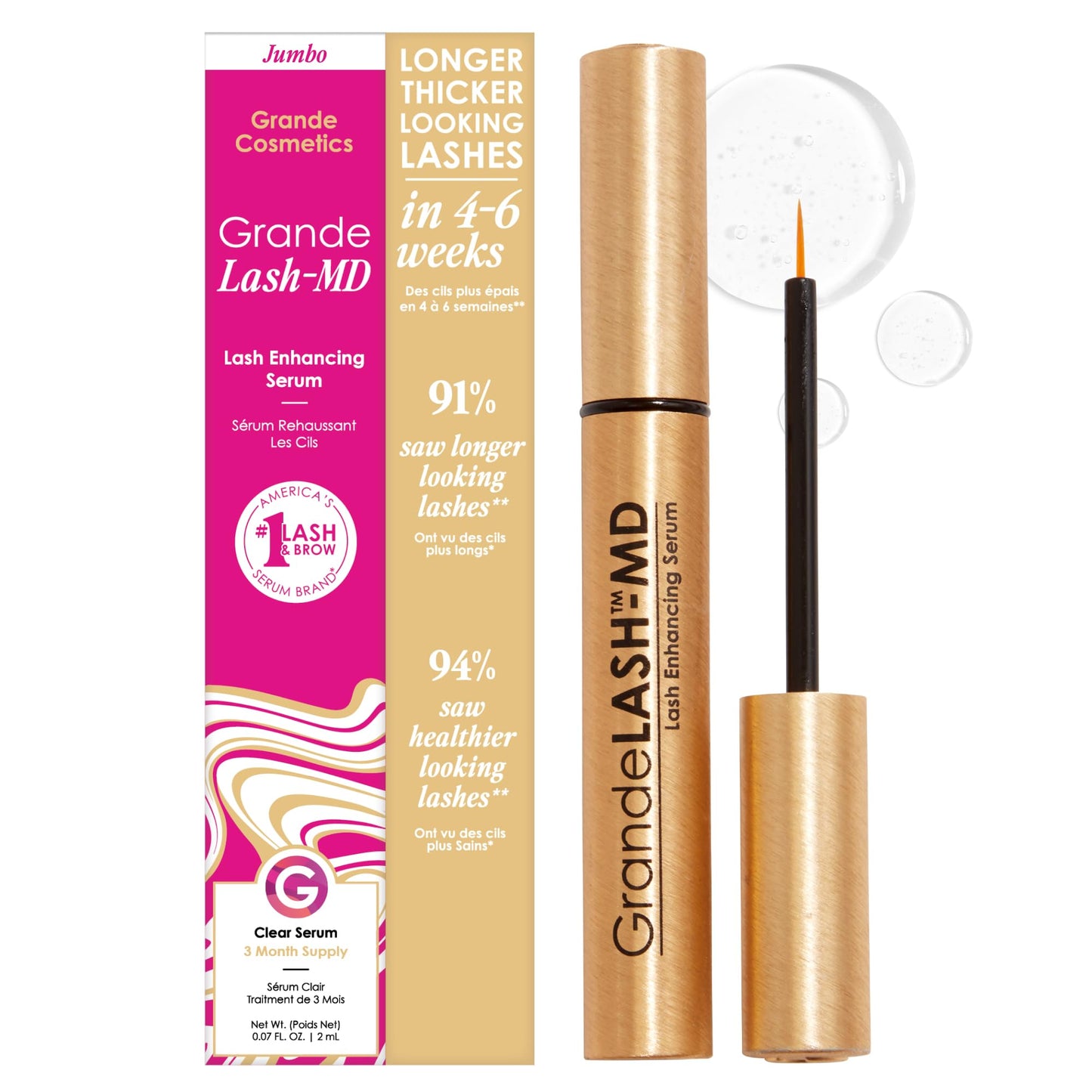 Grande Cosmetics GrandeLASH-MD Lash Enhancing Serum - Peptide & Vitamin Infused Formula for Longer, Thicker, Fuller Looking Lashes - Ophthalmologist Tested, Cruelty-Free, 6 Week Supply (1mL)