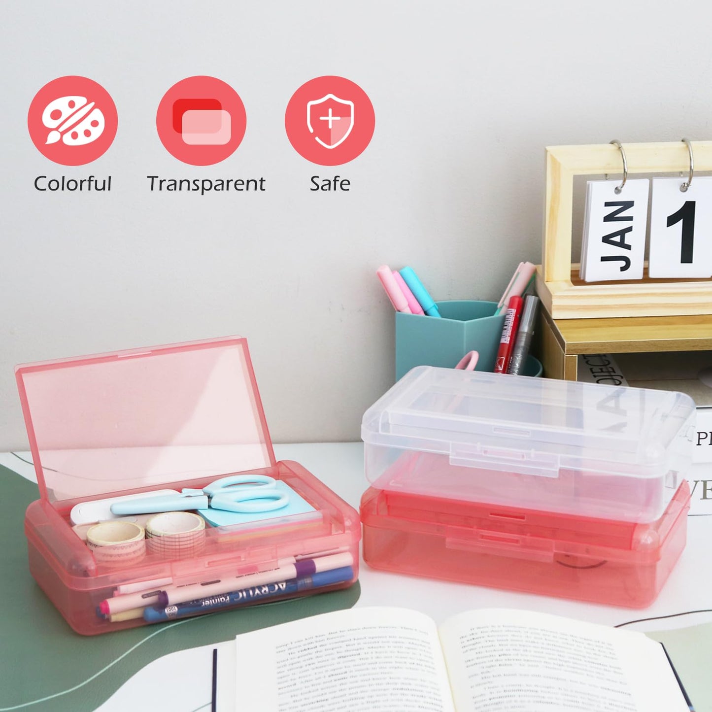 Double Layer Plastic Clear Hard Colored Pencil Box Case Pen Crayon Box