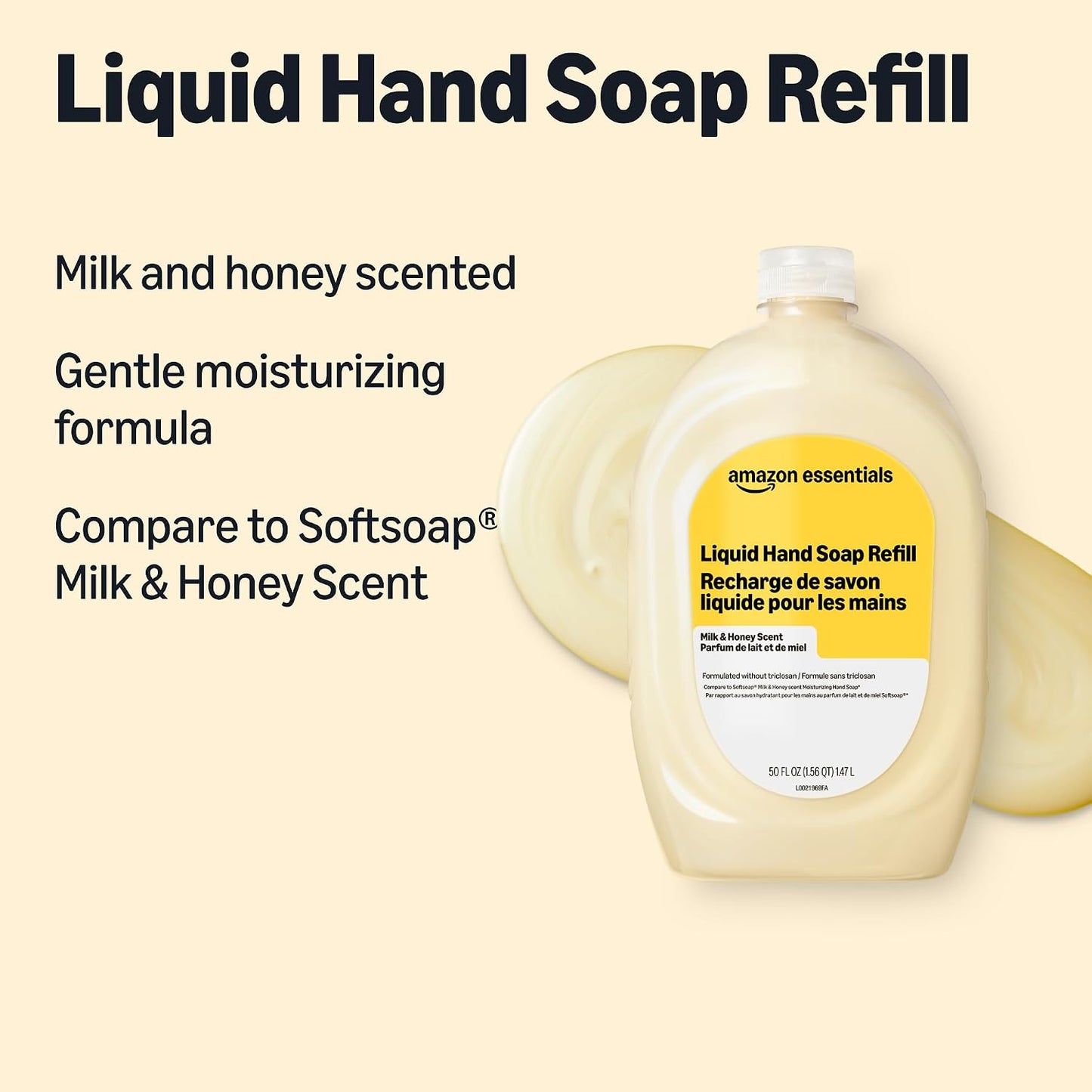 Amazon Basics Liquid Hand Soap Refill, Milk and Honey Scent, Triclosan-Free, pH Balanced, Dermatologist Tested, 50 Fluid Ounces, 2-Pack (Previously Solimo)
