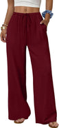 Sampeel Wide Leg Pants for Women Flowy Palazzo Drawstring Elastic Waist Trousers with Pockets Summer Beach Vacation Clothes