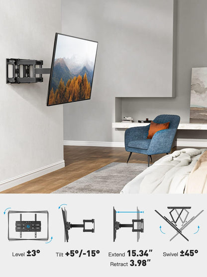 Pipishell Full Motion TV Wall Mount for Echo Show 21/15 and 13-43 Inch Flat Curved Screen TVs & Monitors, Max VESA 200x200mm up to 44lbs, TV Mount Wall Bracket with Rotation Swivel Tilt Extension