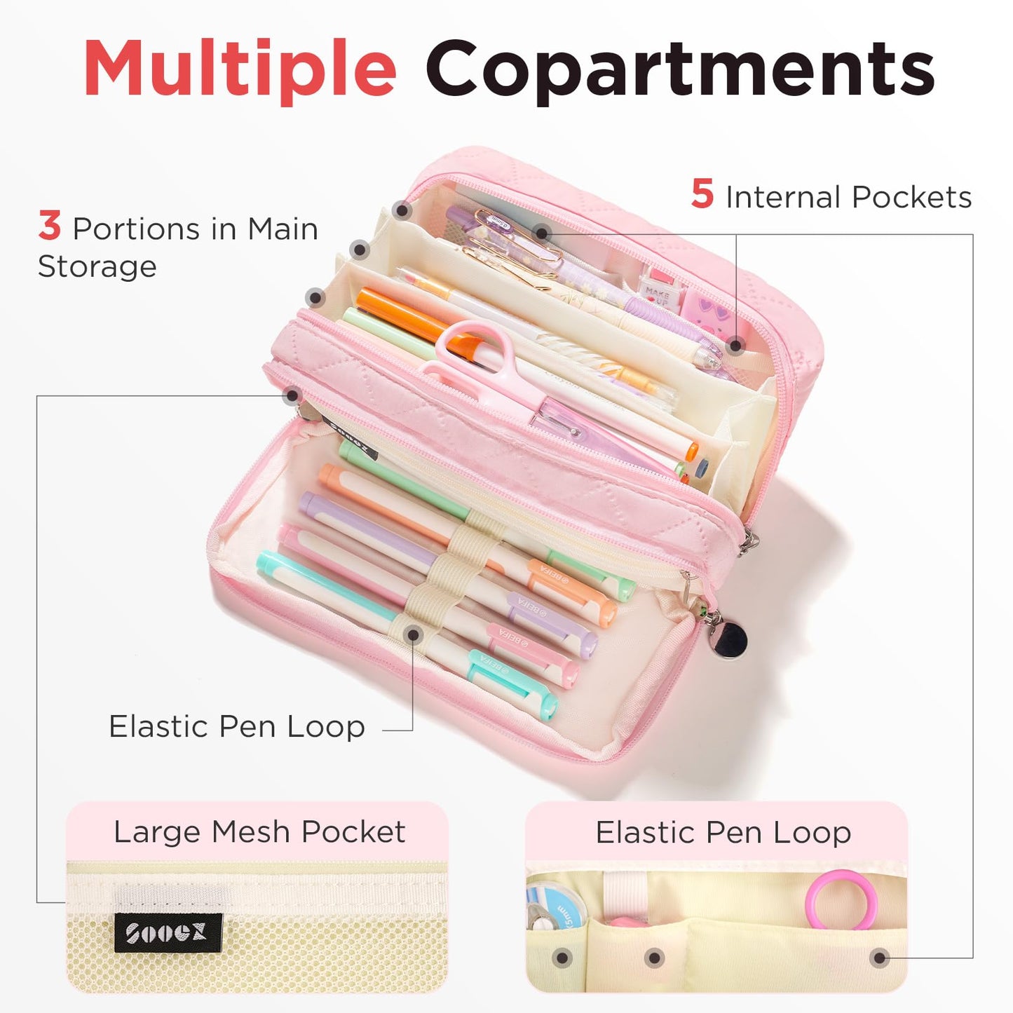 Sooez Large Pencil Case Pouch, Extra Big Pencil Bag with 8 Compartments, Pen Bag Wide Opening, Soft Quilted Pencil Pouch Organizer with Zipper, Portable Pencil Case for Teen Girls, Beige