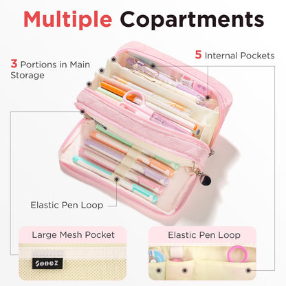 Sooez Large Pencil Case Pouch, Extra Big Pencil Bag with 8 Compartments, Pen Bag Wide Opening, Soft Quilted Pencil Pouch Organizer with Zipper, Portable Pencil Case for Teen Girls, Beige