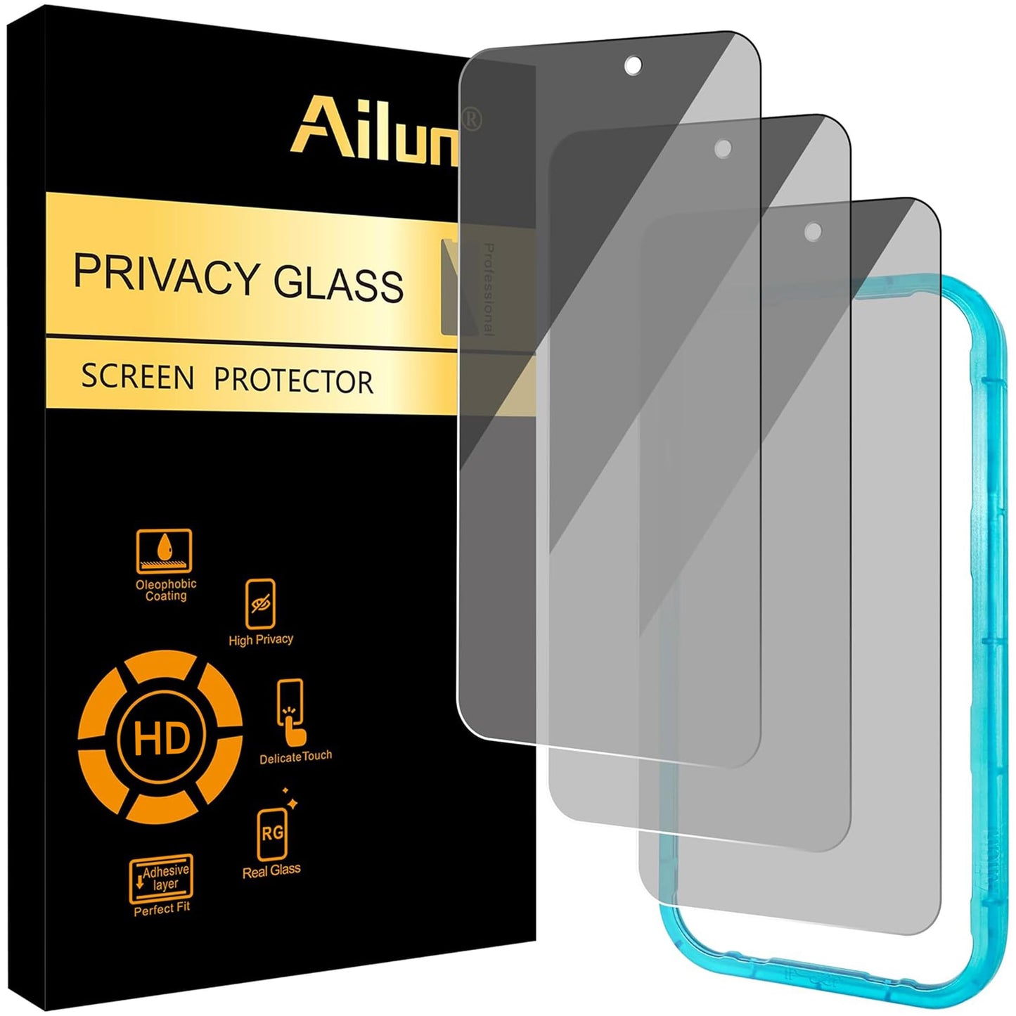 Ailun 3 Pack Privacy Screen Protector for iPhone 16 Pro Max, Tempered Glass