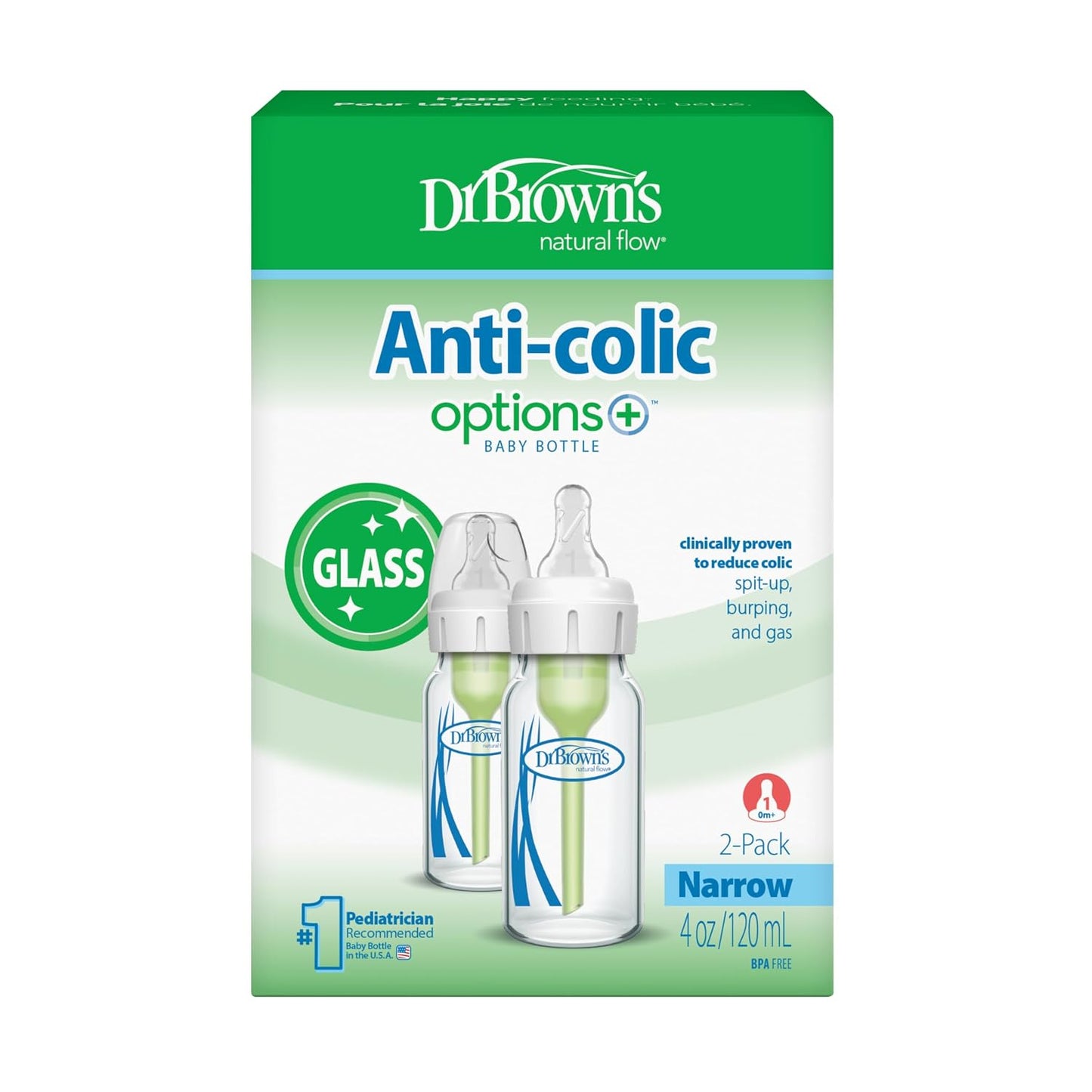 Dr. Brown's Anti-Colic Options+ Narrow Glass Baby Bottle, 8 oz, 1-Pack