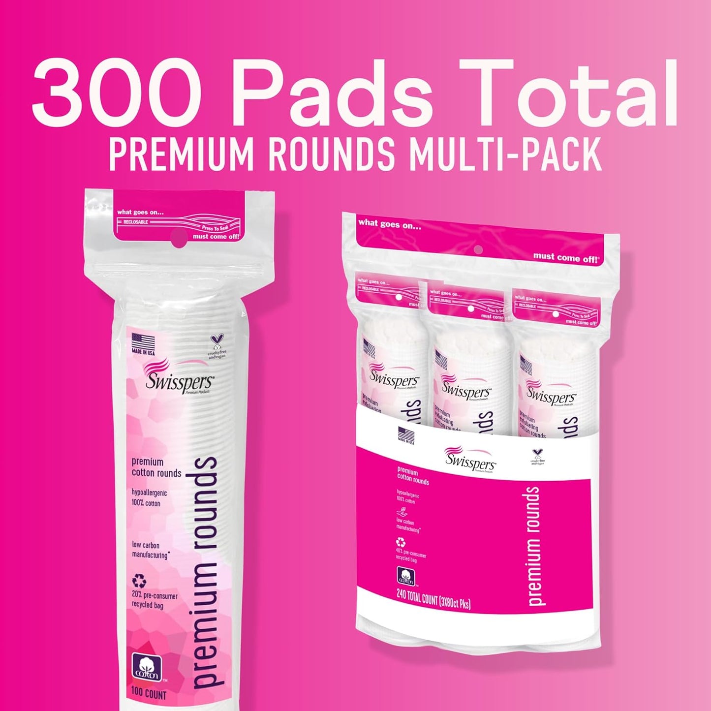 Swisspers Premium Cotton Rounds, Dual-Sided, 100 Count (Pack of 3)