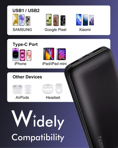 Miady 2-Pack Portable Charger, Slim 10000mAh Power Bank Travel Battery Pack