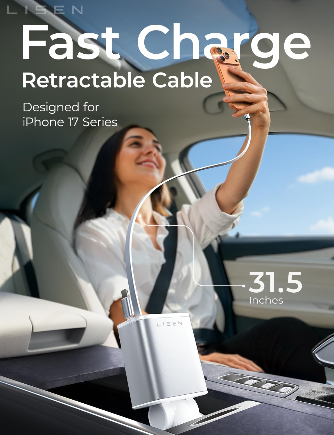 LISEN Retractable Car Charger, 84W Car Charger USB C Fast Charge, 4 in 1