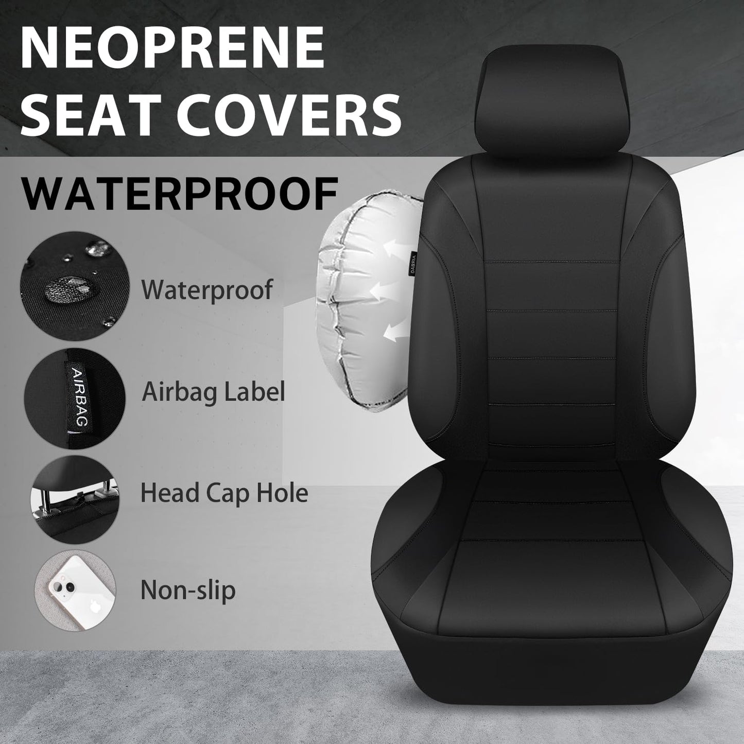 CAR PASS Waterproof Car Seat Covers Front Seats Only with 5mm Composite EVA, Neoprene Car Seat Cover with Separate Headrest Cover, Quick Setup Universal Fit for Car SUV Trucks,Airbag Compatible（Gray