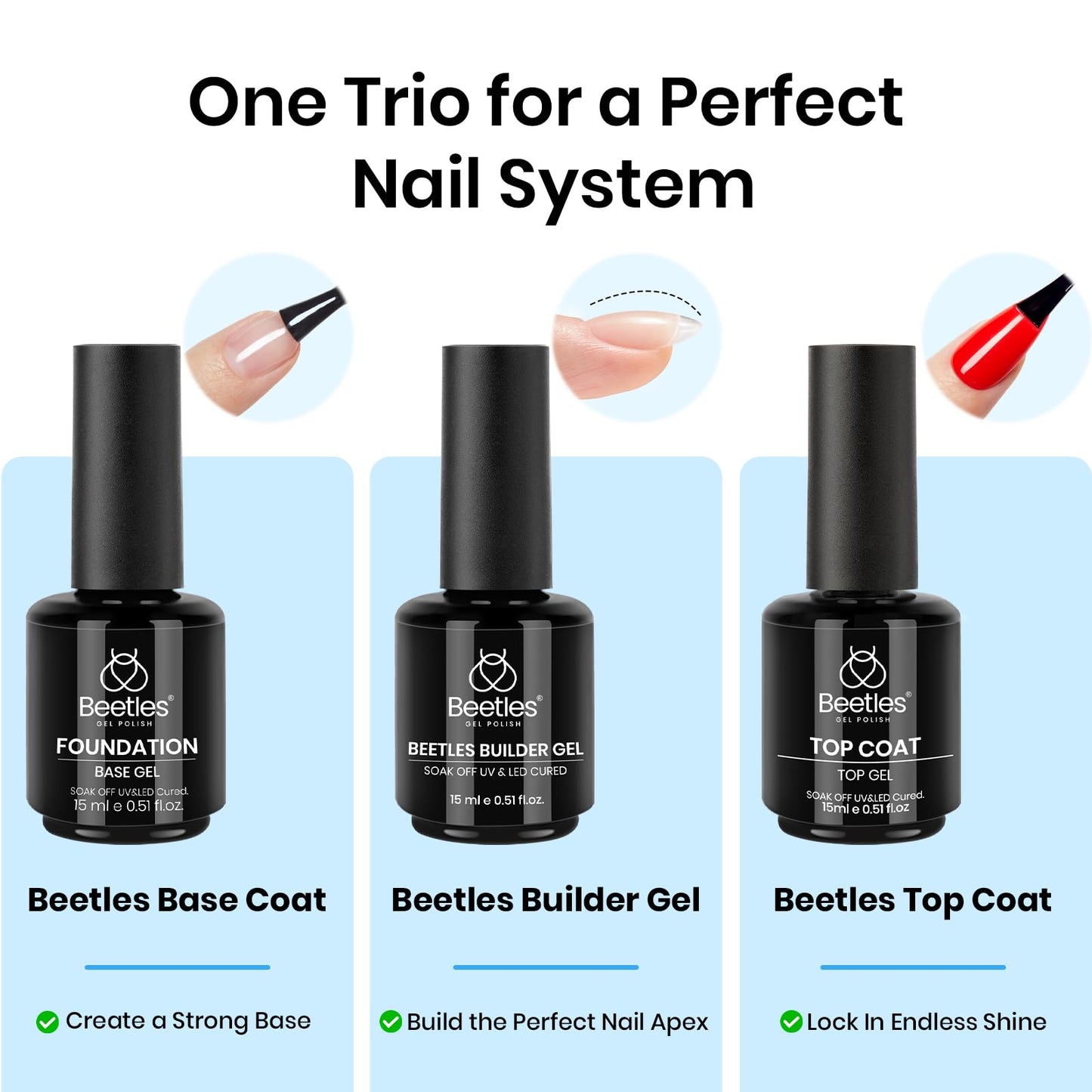 Beetles 2 Pcs 15ml No Wipe Gel Top Coat and Base Coat Set