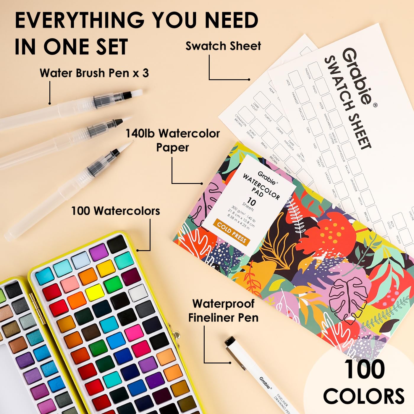 Grabie 50 Color Watercolor Paint Set with Brush Pens