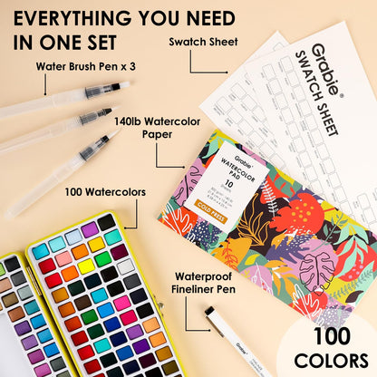 Grabie 50 Color Watercolor Paint Set with Brush Pens