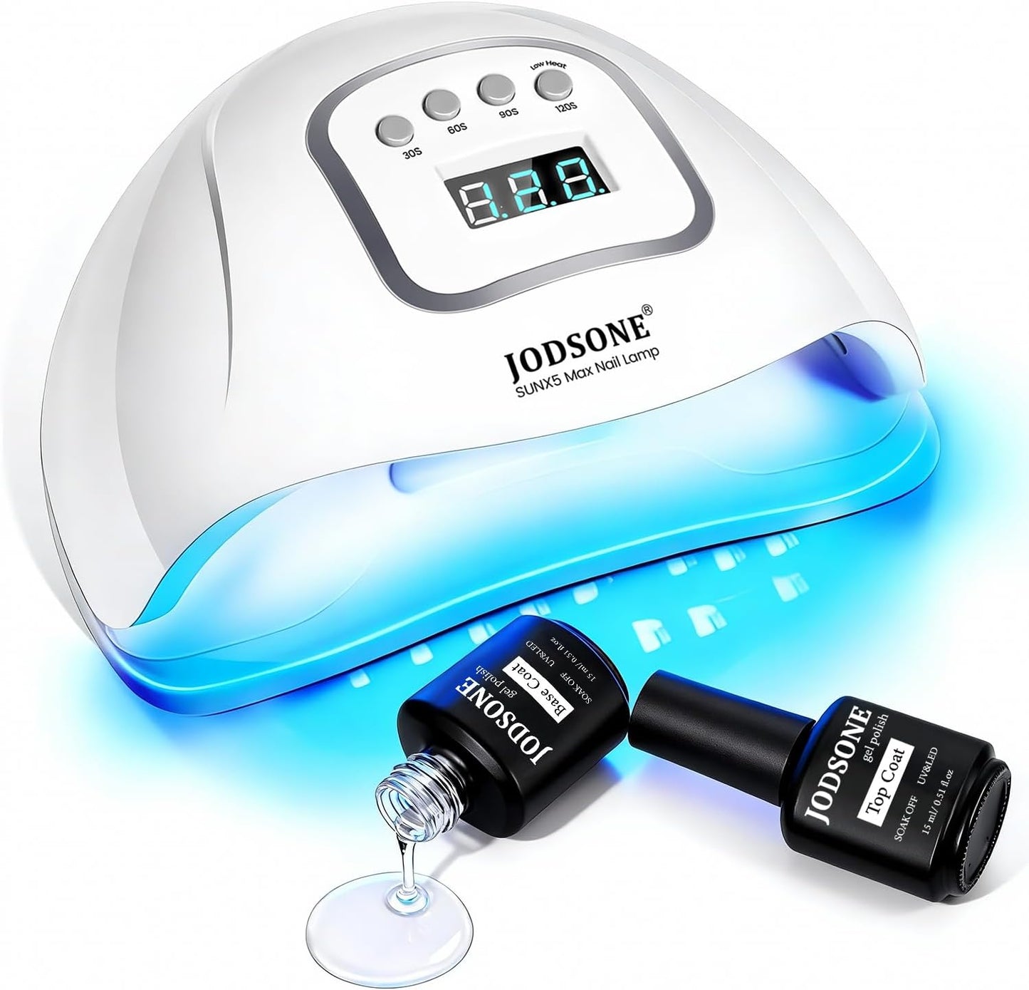 JODSONE U V LED Nail Lamp with Base Coat Top Coat Set, Nail Dryer for Gel Polish for Nails with Automatic Sensor & 4 Timers