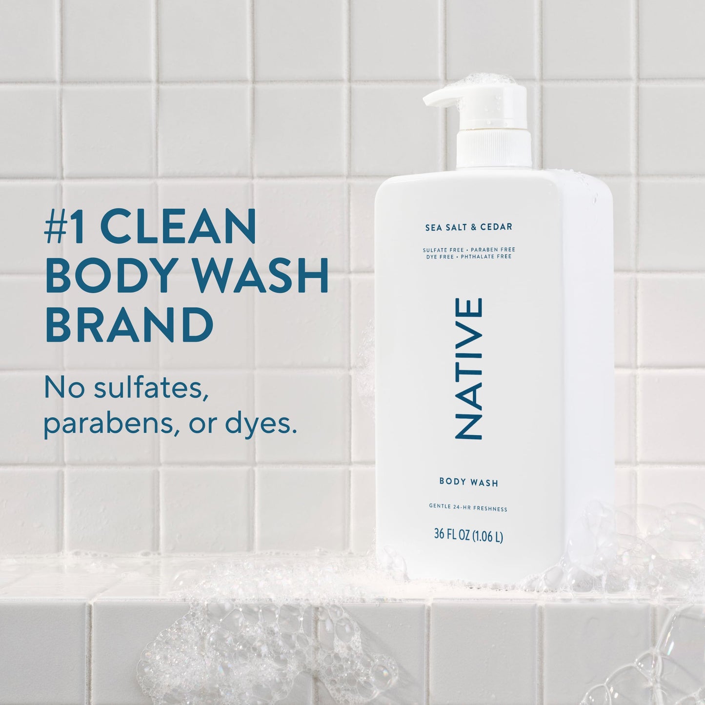 Native Clean Body Wash, Gentle & pH-balanced for Sensitive Skin, 24-Hr Freshness for Women & Men, Vegan & Cruelty-Free, Free of Sulfates, Parabens & Phthalates, Sandalwood & Shea Butter, 36 oz