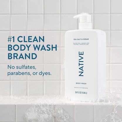 Native Clean Body Wash, Gentle & pH-balanced for Sensitive Skin, 24-Hr Freshness for Women & Men, Vegan & Cruelty-Free, Free of Sulfates, Parabens & Phthalates, Sandalwood & Shea Butter, 36 oz