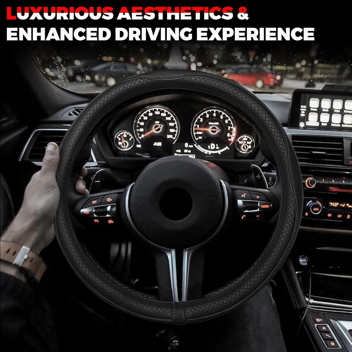Ouzorp Car Steering Wheel Cover, Microfiber Leather Steering Wheel Covers with Anti-Slip Lining, Universal 14.5-15 inchs Black