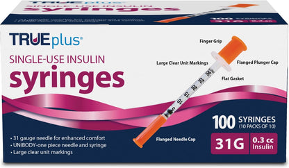 TRUEplus Single-Use Insulin Syringes, 31G, 0.3cc, 5/16 Inch, 100 Count