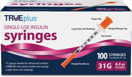TRUEplus Single-Use Insulin Syringes, 31G, 0.3cc, 5/16 Inch, 100 Count