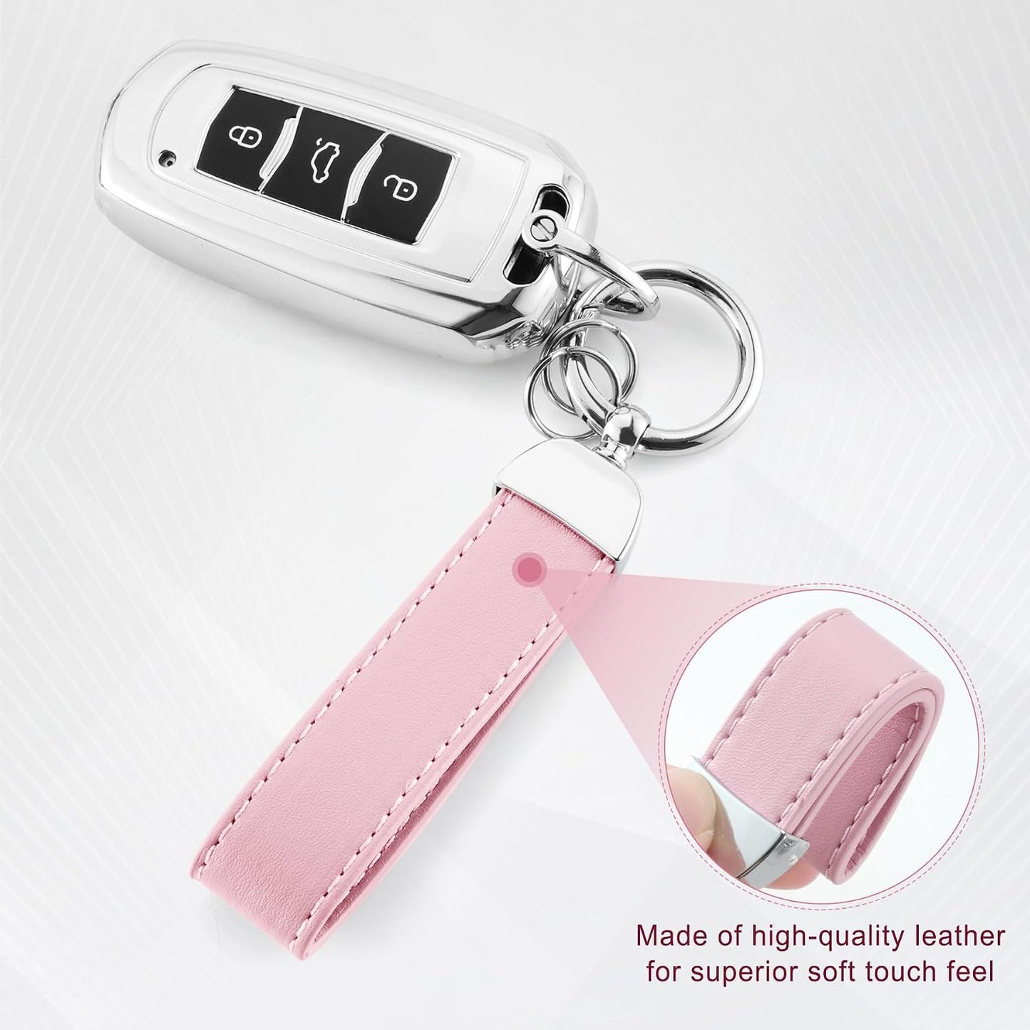 JUSTTOP Leather Keychain, Carbon Fiber Car Key Chain with Anti-Lost D-Ring and 2 Key Ring, Keychain Wristlet, Car Accessories, Universal Keychain for Men and Women (Black)