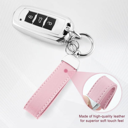 JUSTTOP Leather Keychain, Carbon Fiber Car Key Chain with Anti-Lost D-Ring and 2 Key Ring, Keychain Wristlet, Car Accessories, Universal Keychain for Men and Women (Black)