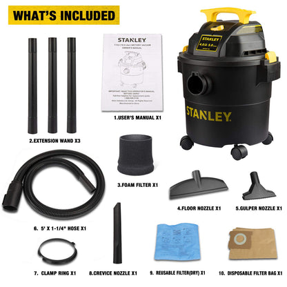 STANLEY Shop Vac SL18115P, 5 Gallon Peak 4 Horsepower Wet Dry Vacuums, Blower 3 in 1 Functions 15 Feet Cleaning Range for Garage, Carpet Clean, Shop Cleaning, Car Detailing with Attachments