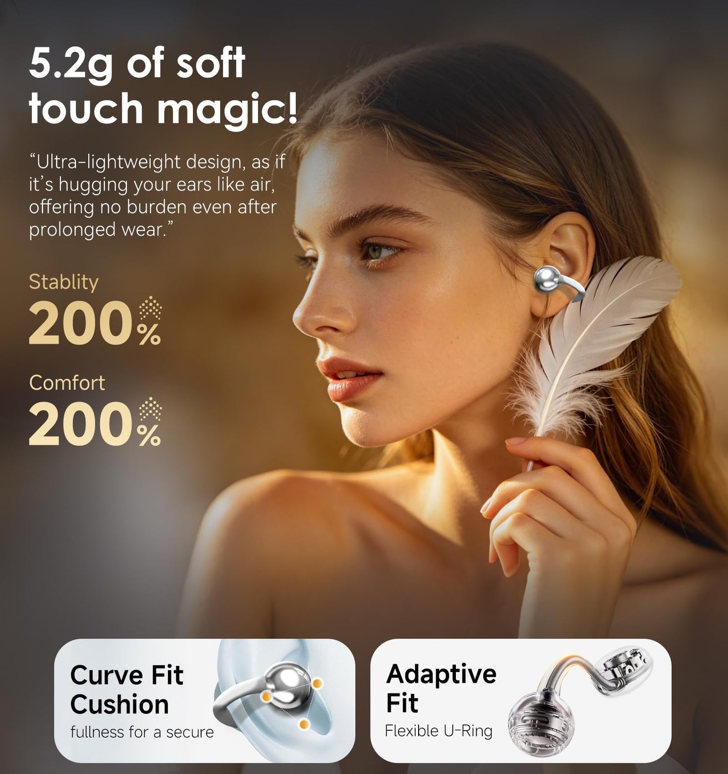 King Lucky Clip-On Earbuds Gen 3, Open-Ear Wireless Bluetooth 6.0 Headphones with Mic, Secure Fit for Small Ears & Glasses Wearers, 50H Playtime, ENC, IPX5 Waterproof Sport Ear Buds (Purple)