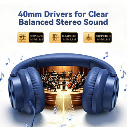 Wired Headphones with Mic, Over-Ear 3.5mm Corded Headphone for School Black