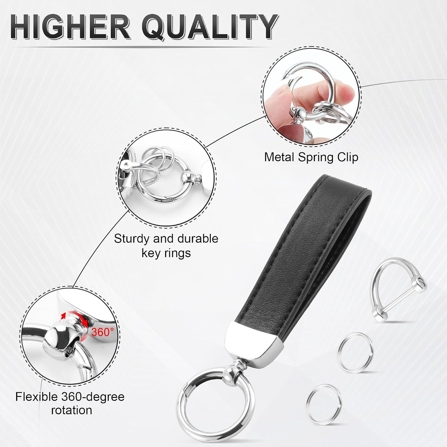 JUSTTOP Leather Keychain, Carbon Fiber Car Key Chain with Anti-Lost D-Ring and 2 Key Ring, Keychain Wristlet, Car Accessories, Universal Keychain for Men and Women (Black)
