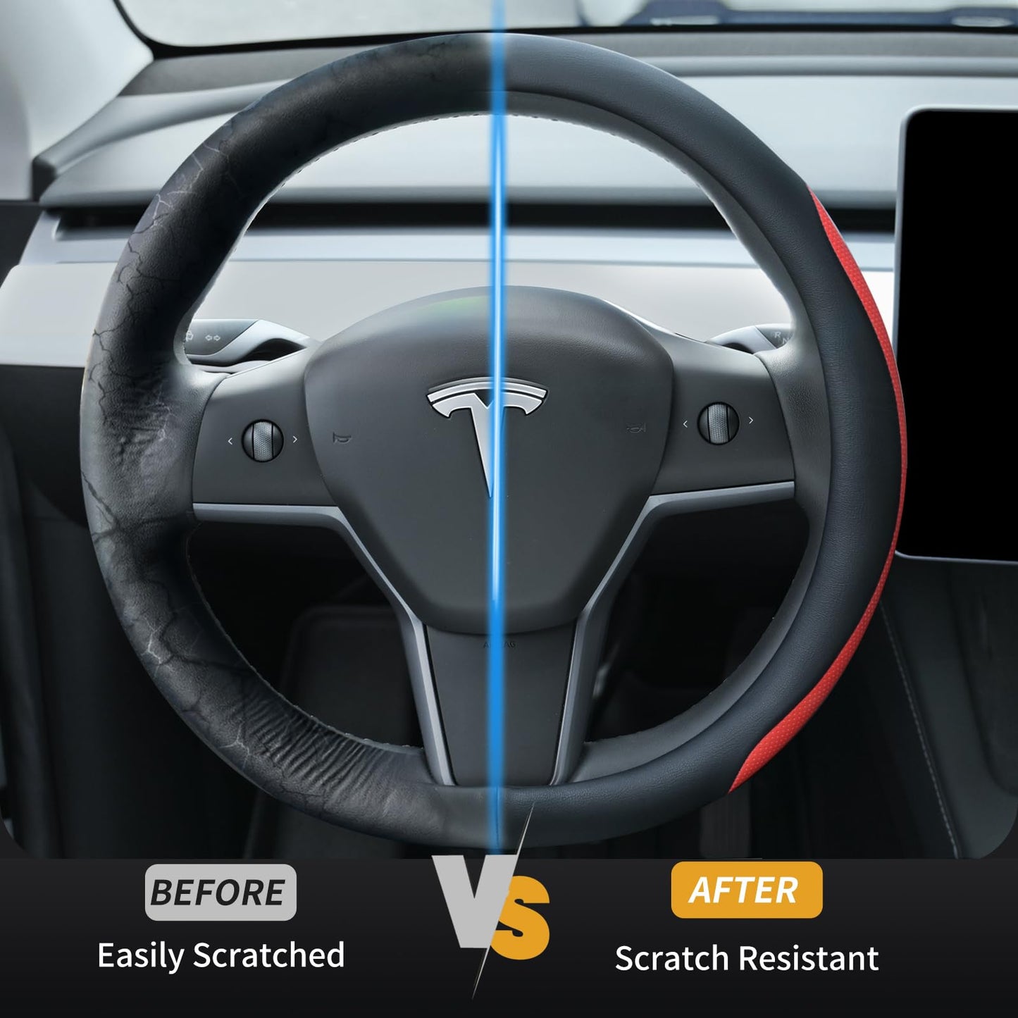 Uxcer Nappa Leather Steering Wheel Cover Compatible with Tesla Model 3/Y 2016-2025 2026 Juniper/Highland, Non-Slip Breathable Tesla Model 3/Y Steering Wheel Protector, White