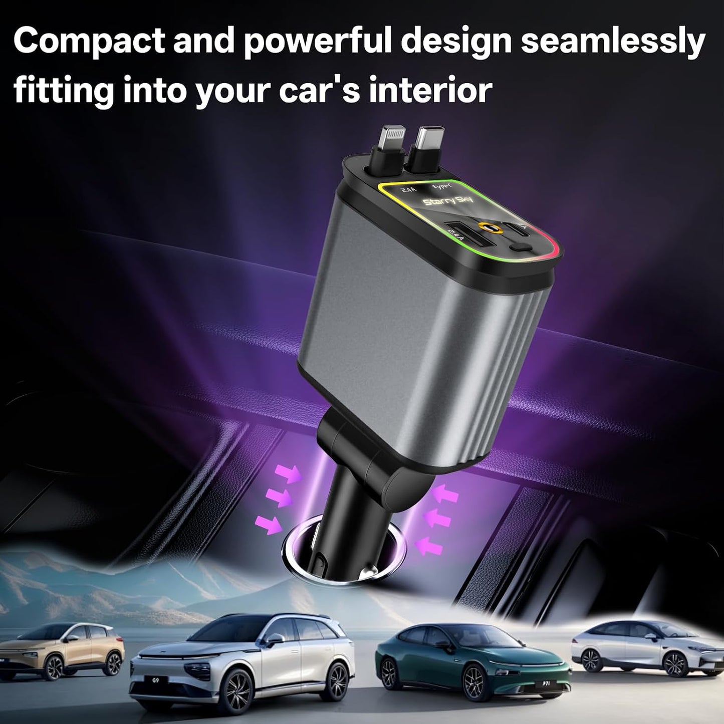 Retractable Car Charger, 4-in-1 Fast Charger with USB-C & USB-A