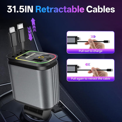 Retractable Car Charger, 4-in-1 Fast Charger with USB-C & USB-A