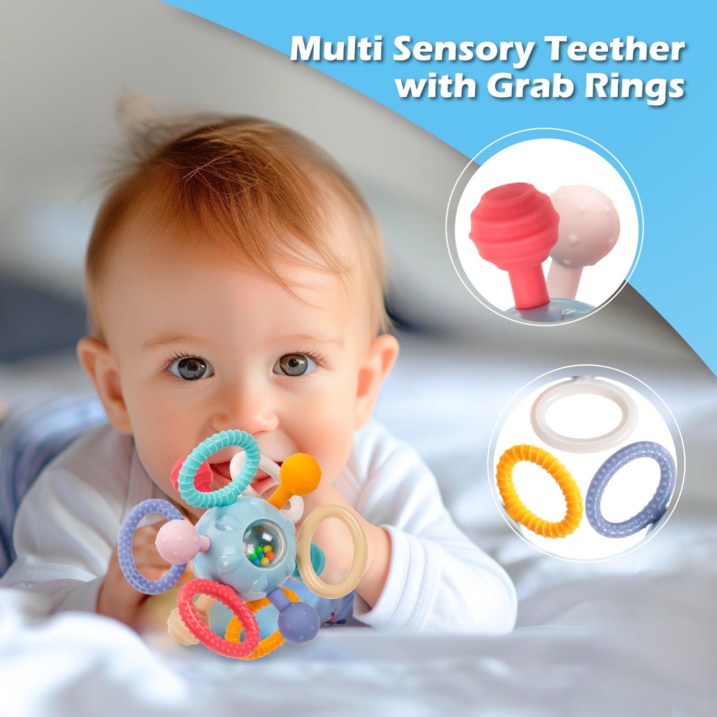 Baby Montessori Sensory Teething Toy 0-6 6-12 Months, Teether Ball & Rattle
