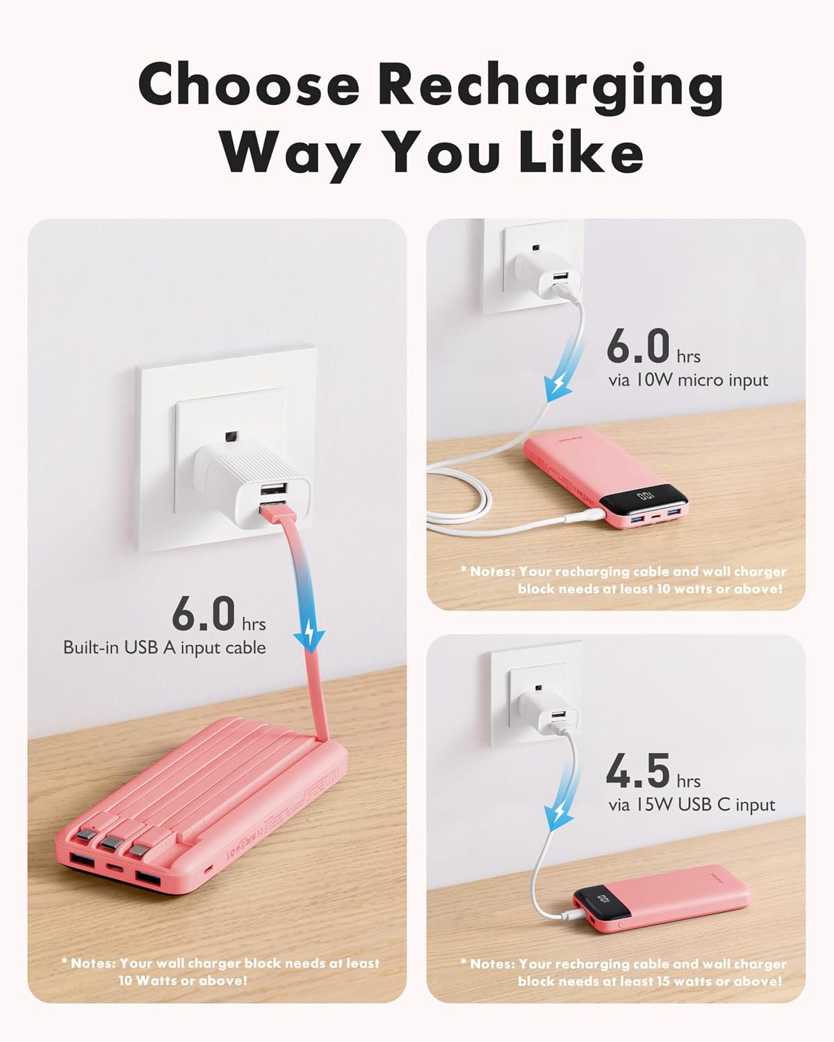 charmast Power Bank Portable Charger with Reinforced Built-in 4 Cables