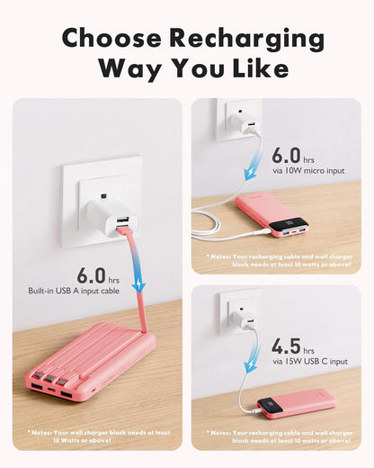 charmast Power Bank Portable Charger with Reinforced Built-in 4 Cables