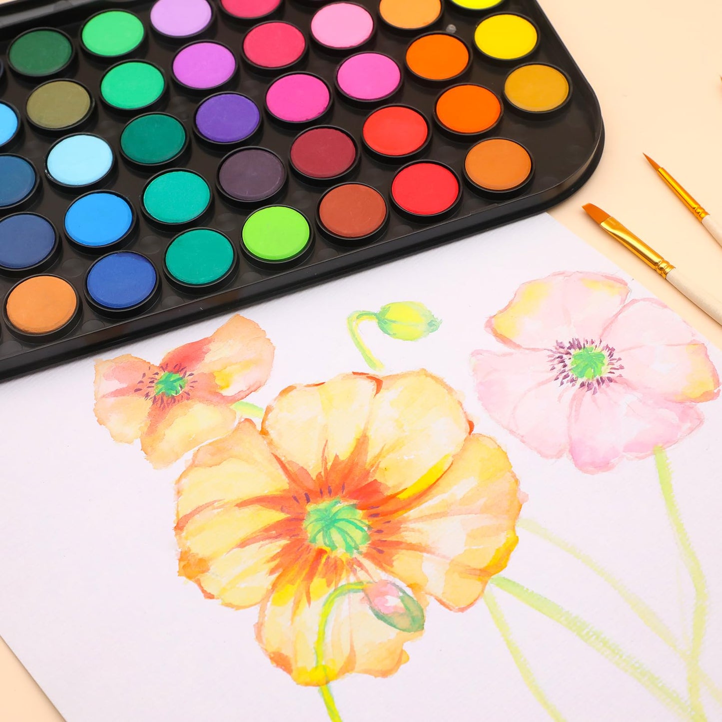 Artecho 48 Colors Watercolor Paint Set, 3 Brushes