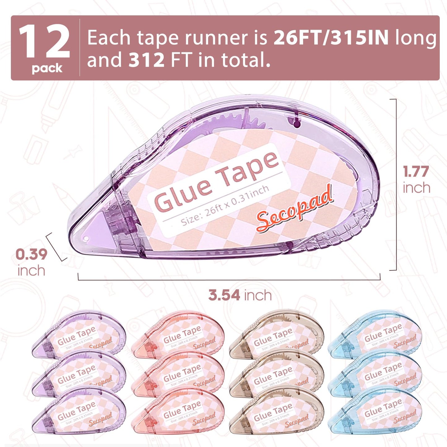 Secopad Scrapbook Tape, Glue Tape for Crafts, 4 Pack, Light-Colored Shell