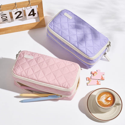 Sooez Large Pencil Case Pouch, Extra Big Pencil Bag with 8 Compartments, Pen Bag Wide Opening, Soft Quilted Pencil Pouch Organizer with Zipper, Portable Pencil Case for Teen Girls, Beige