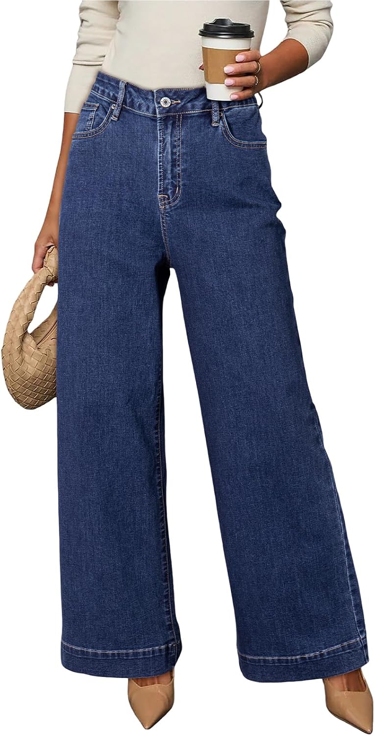 Dokotoo Women's Casual High Waisted Jeans Stretch Wide Leg Loose Denim Pant