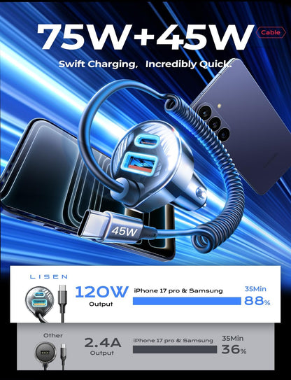 LISEN 90W for iPhone 17 16 15 Pro Max Car Charger USB C Fast Charge
