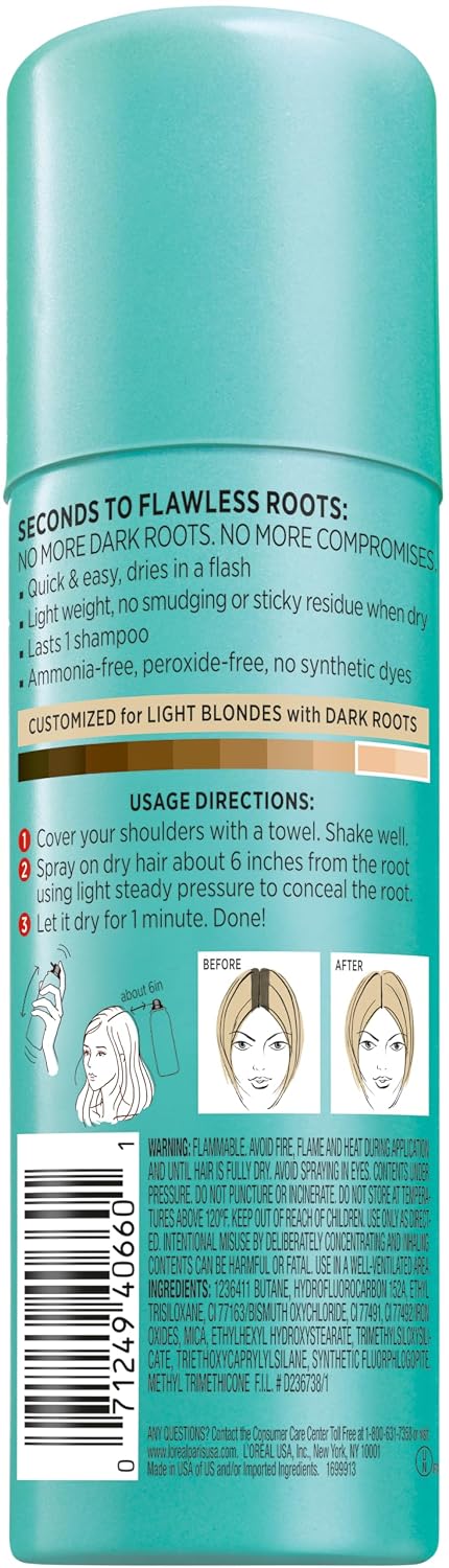 L'Oreal Paris Magic Root Cover Up Gray Hair Spray, 100% Gray Hair Coverage with Buildable, Lightweight, Transfer-Resistant, and Temporary Formula, Ammonia-Free, Dark Blonde, 2 oz (1 Count)