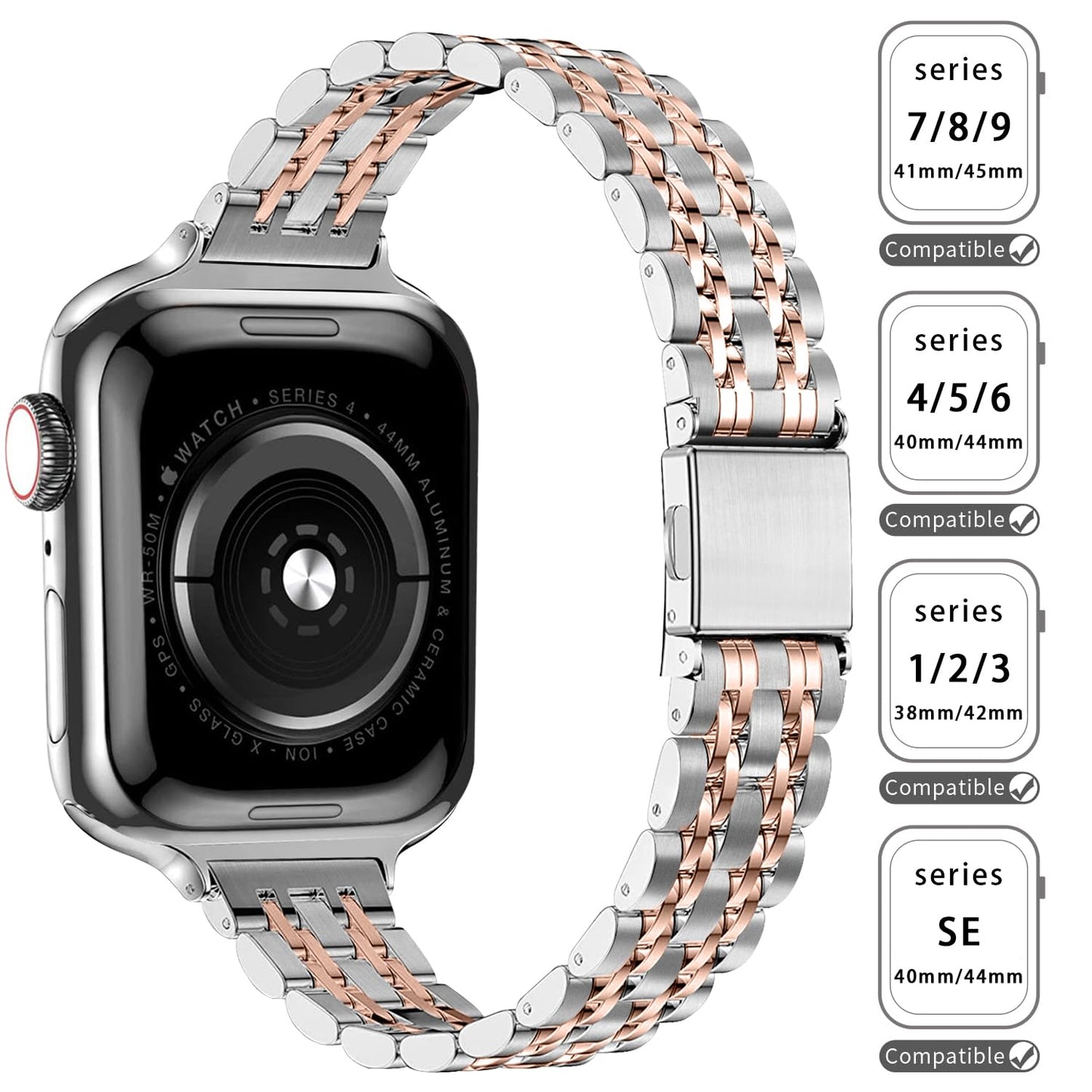 QUNDAXI Slim Watch Band Compatible with Apple Watch 41mm 45mm 42mm 44mm 40mm 38mm Metal Stainless Steel Watchband Suitable for iWatch 11/10/9/8/7/6/5/4/3/2/1/SE Series Women Luxury Strap