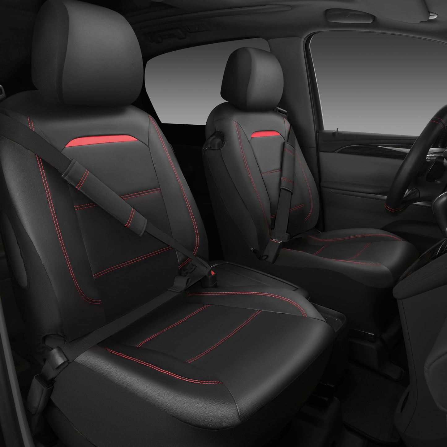CAR PASS Universal FIT Piping Leather Car Seat Cover, for suvs,Van,Trucks,Airbag Compatible,Inside Zipper Design and Reserved Opening Holes (Full Set, Black and Red)