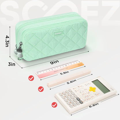 Sooez Large Pencil Case Pouch, Extra Big Pencil Bag with 8 Compartments, Pen Bag Wide Opening, Soft Quilted Pencil Pouch Organizer with Zipper, Portable Pencil Case for Teen Girls, Beige