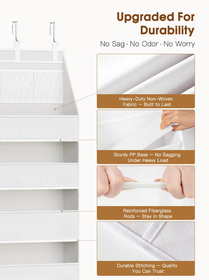 Criusia Over the Door Organizer, Heavy-Duty 6-Shelf Hanging Storage with 13 Mesh Pockets, 55lbs Capacity Behind the Door Storage for Nursery, Bathroom, Bedroom, and Dorm, White