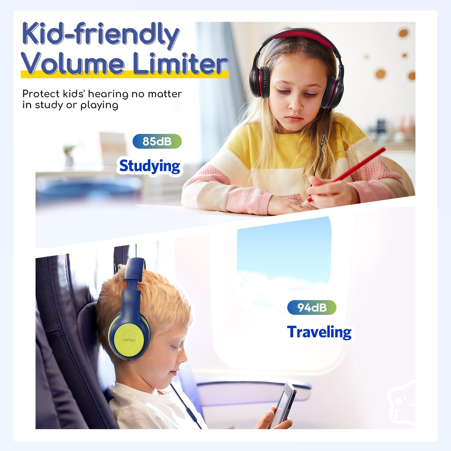 EarFun K1 Kids Headphones Wired with Mic, Volume Limit Headphones for Kids