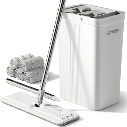 JOYMOOP Wall Mop and Bucket Set, Hands-Free Flat Floor Mop with 3 Washable Microfiber Pads, Wet and Dry Use, Ideal for Home and Commercial Floor Cleaning